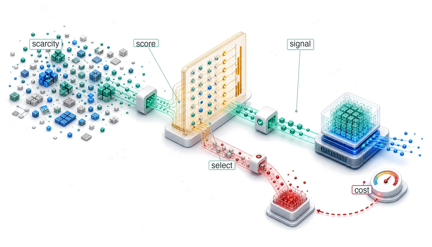 Isometric diagram of many scattered cubes flowing through a scoring panel and two gates. A smaller green stream enters a blue processing block, while a red stream diverts downward. Labels read scarcity, score, select, signal, and cost.
