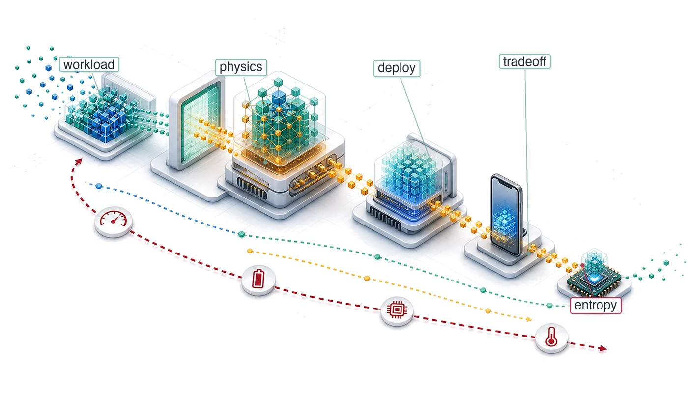 Isometric blueprint showing one model artifact moving across cloud, edge, mobile, and tiny-device deployment environments with shrinking resource envelopes.