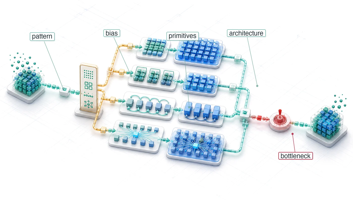 Isometric architecture interchange where one representation stream branches into dense, spatial, sequence, and attention-like paths before rejoining.