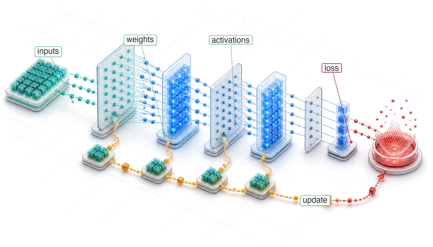 Layered isometric blueprint of neural computation where inputs move through weighted layers, activations form, and a loss signal returns through the model.