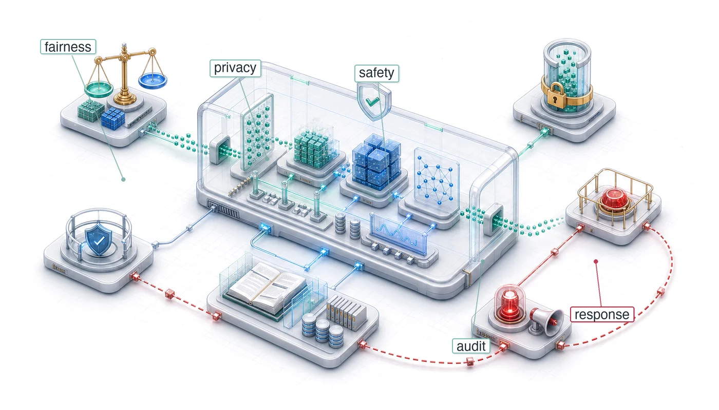 Isometric governed ML system chamber with fairness checks, safety rails, audit records, privacy boundaries, and incident response paths around a deployed pipeline.